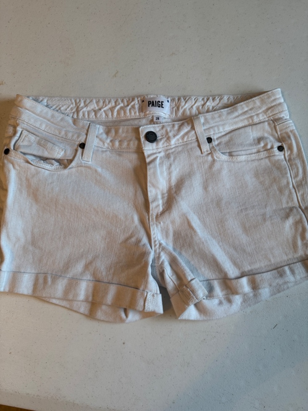 PAIGE Off-White Rolled Hem Denim Shorts